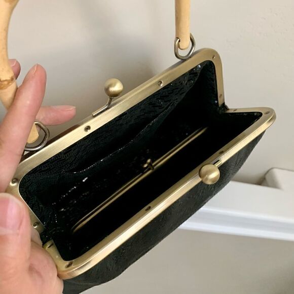 Genuine Leather Embossed Floral Lace, Real Bamboo Handle Bag & Small Clutch Set - Picture 15 of 16